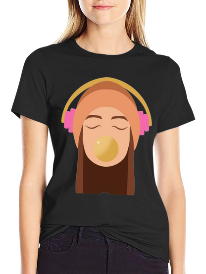 Trendy Black Tee with Headphone Girl Graphic