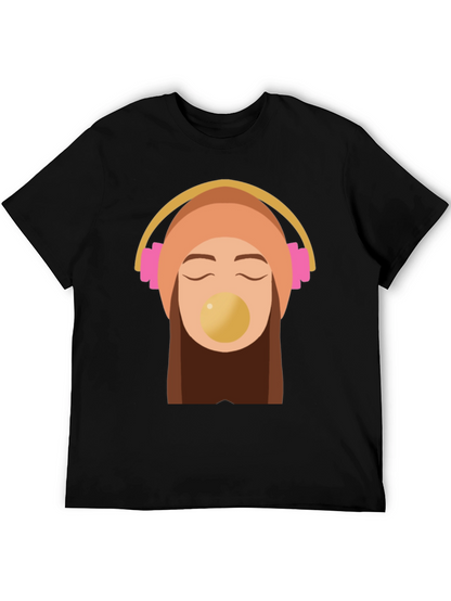 Trendy Black Tee with Headphone Girl Graphic
