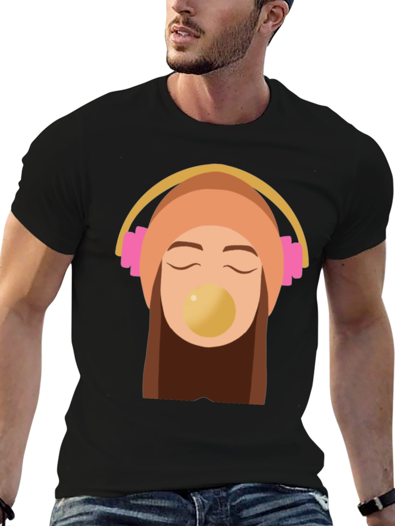 Trendy Black Tee with Headphone Girl Graphic