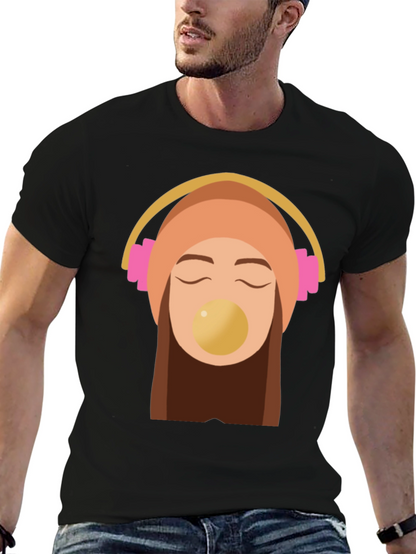 Trendy Black Tee with Headphone Girl Graphic