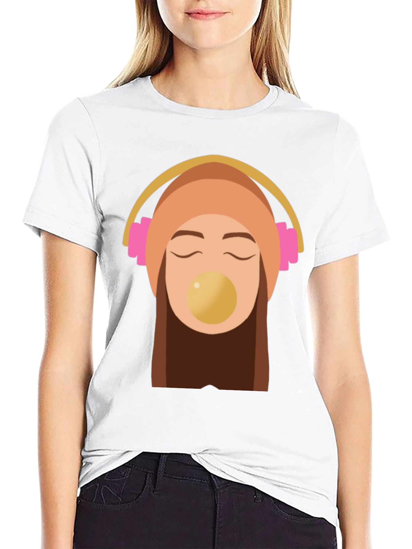 Trendy Black Tee with Headphone Girl Graphic