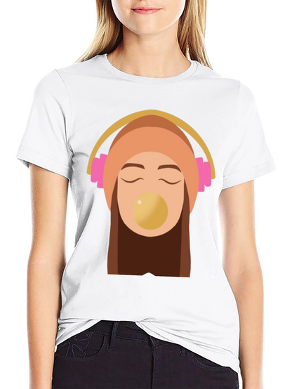 Trendy Black Tee with Headphone Girl Graphic
