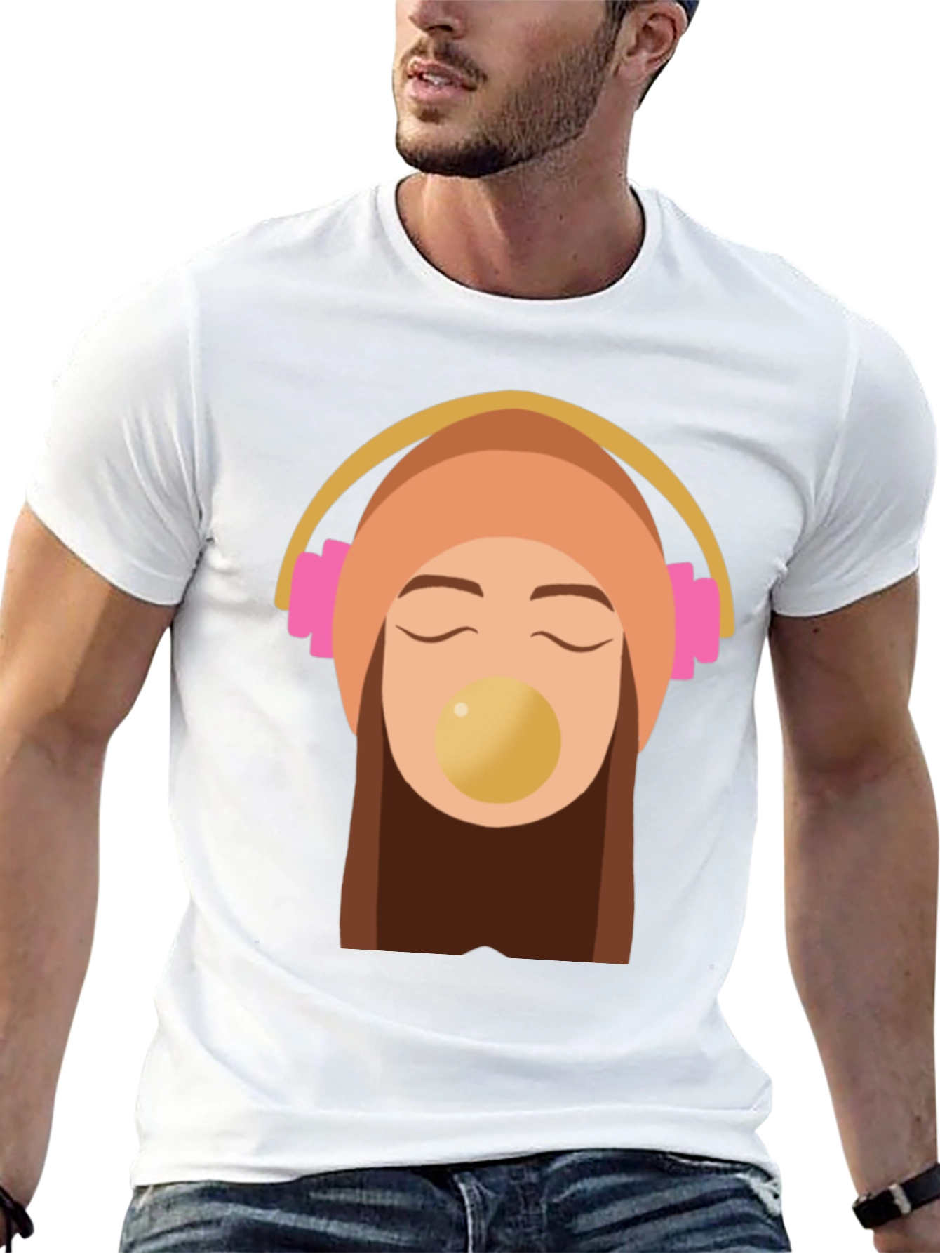 Trendy Black Tee with Headphone Girl Graphic