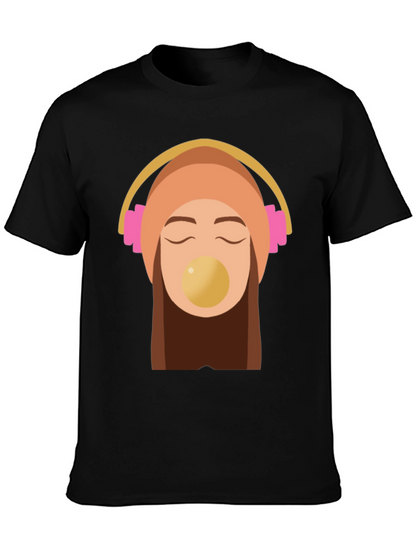 Trendy Black Tee with Headphone Girl Graphic