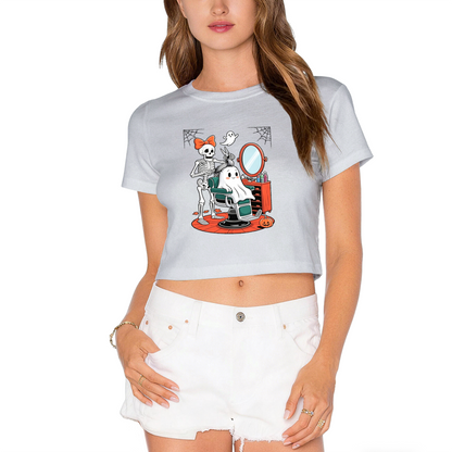 Skeleton Styling Ghost At Barbershop Spooky Halloween Crop Top