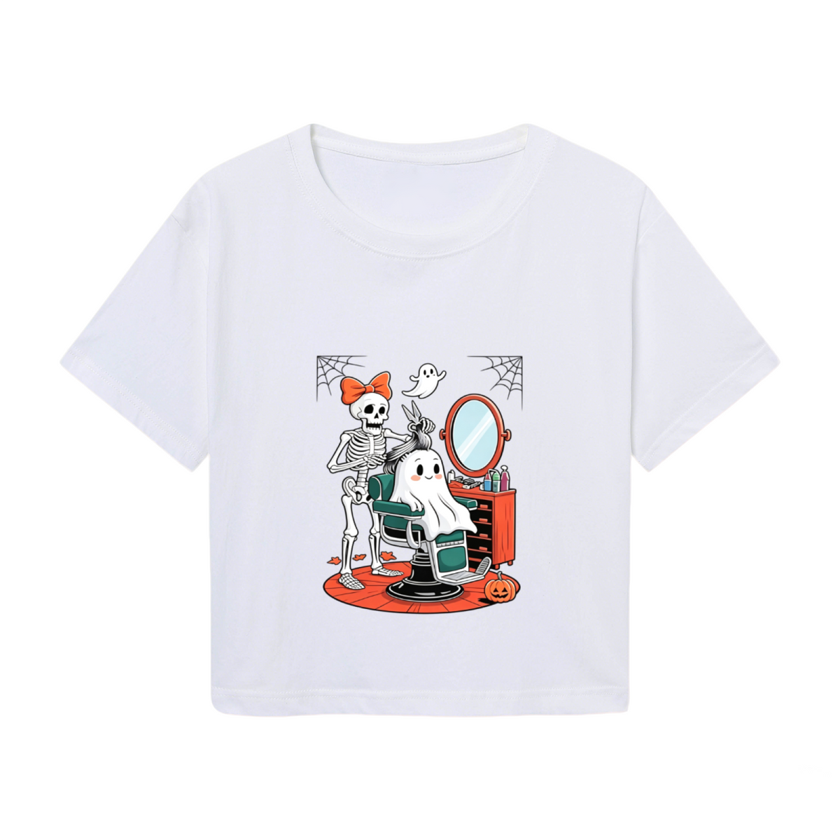 Skeleton Styling Ghost At Barbershop Spooky Halloween Crop Top