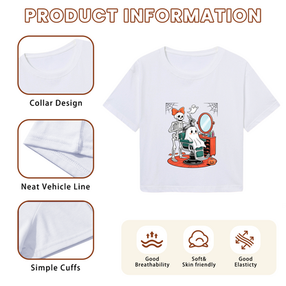 Skeleton Styling Ghost At Barbershop Spooky Halloween Crop Top