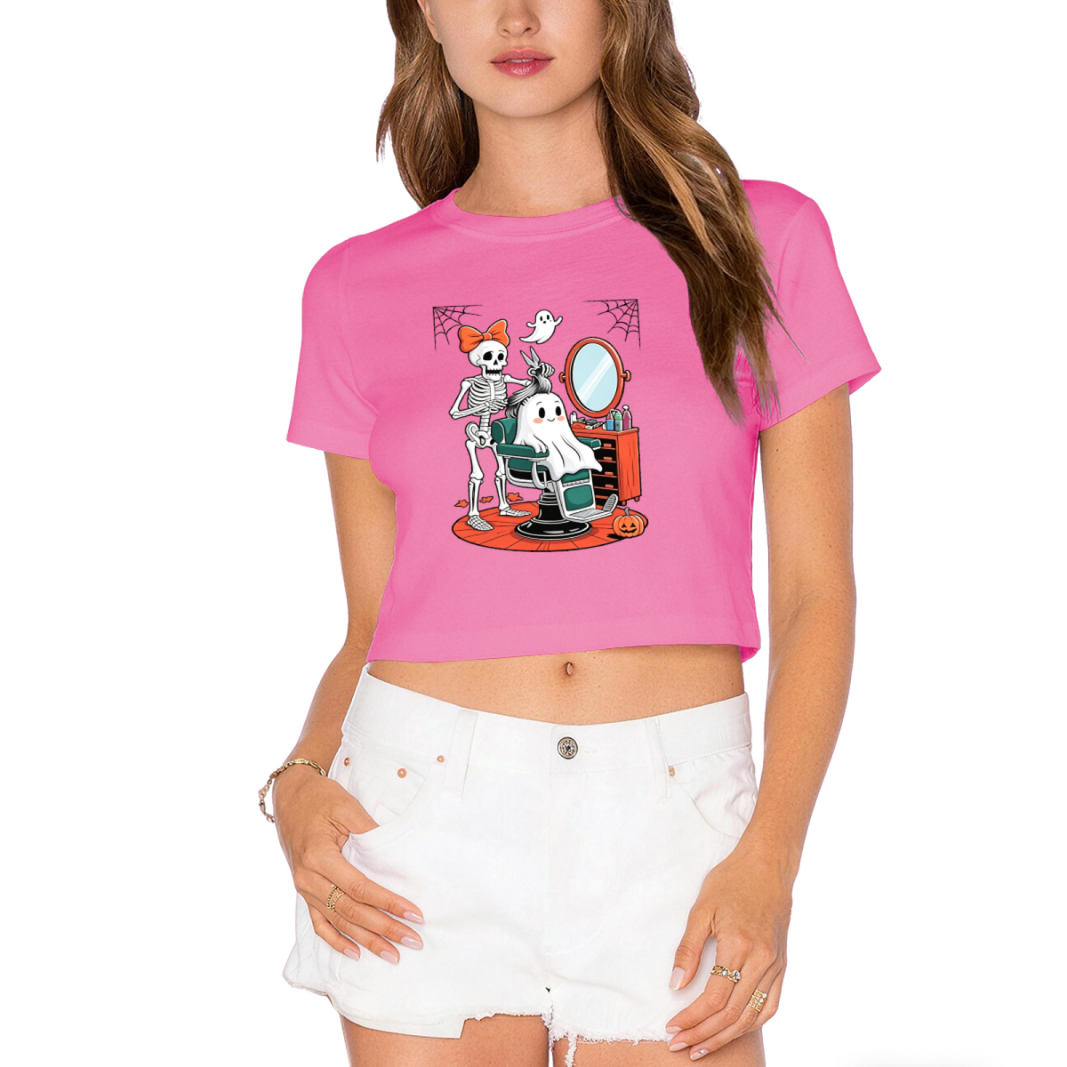 Skeleton Styling Ghost At Barbershop Spooky Halloween Crop Top