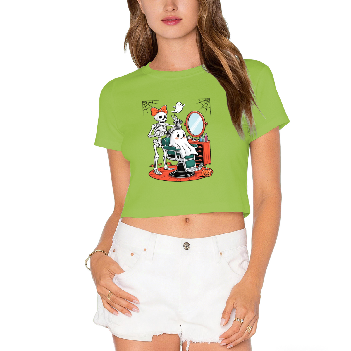 Skeleton Styling Ghost At Barbershop Spooky Halloween Crop Top