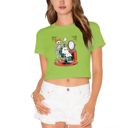 Skeleton Styling Ghost At Barbershop Spooky Halloween Crop Top