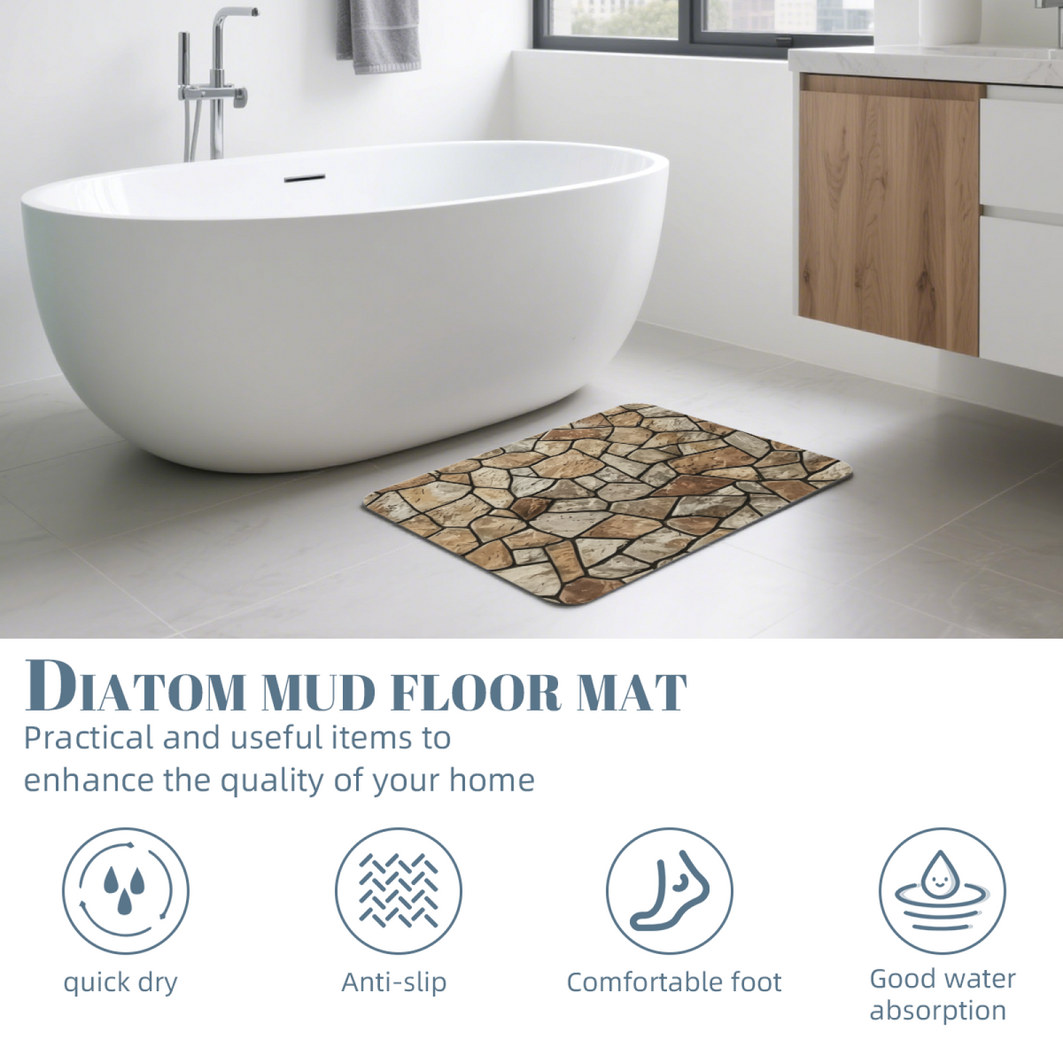 Natural Rough Stone Texture£üImitation Natural Rough Rock Stone Diatomite Mat, Retro Stone Pattern Absorbent Non?Slip Entry Bathroom Rug