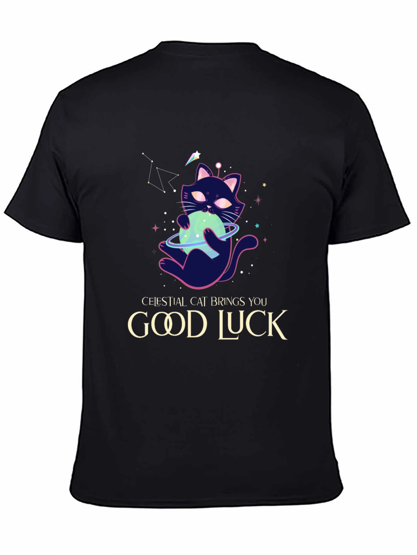 Celestial Cat Good Luck Graphic Tee - Black