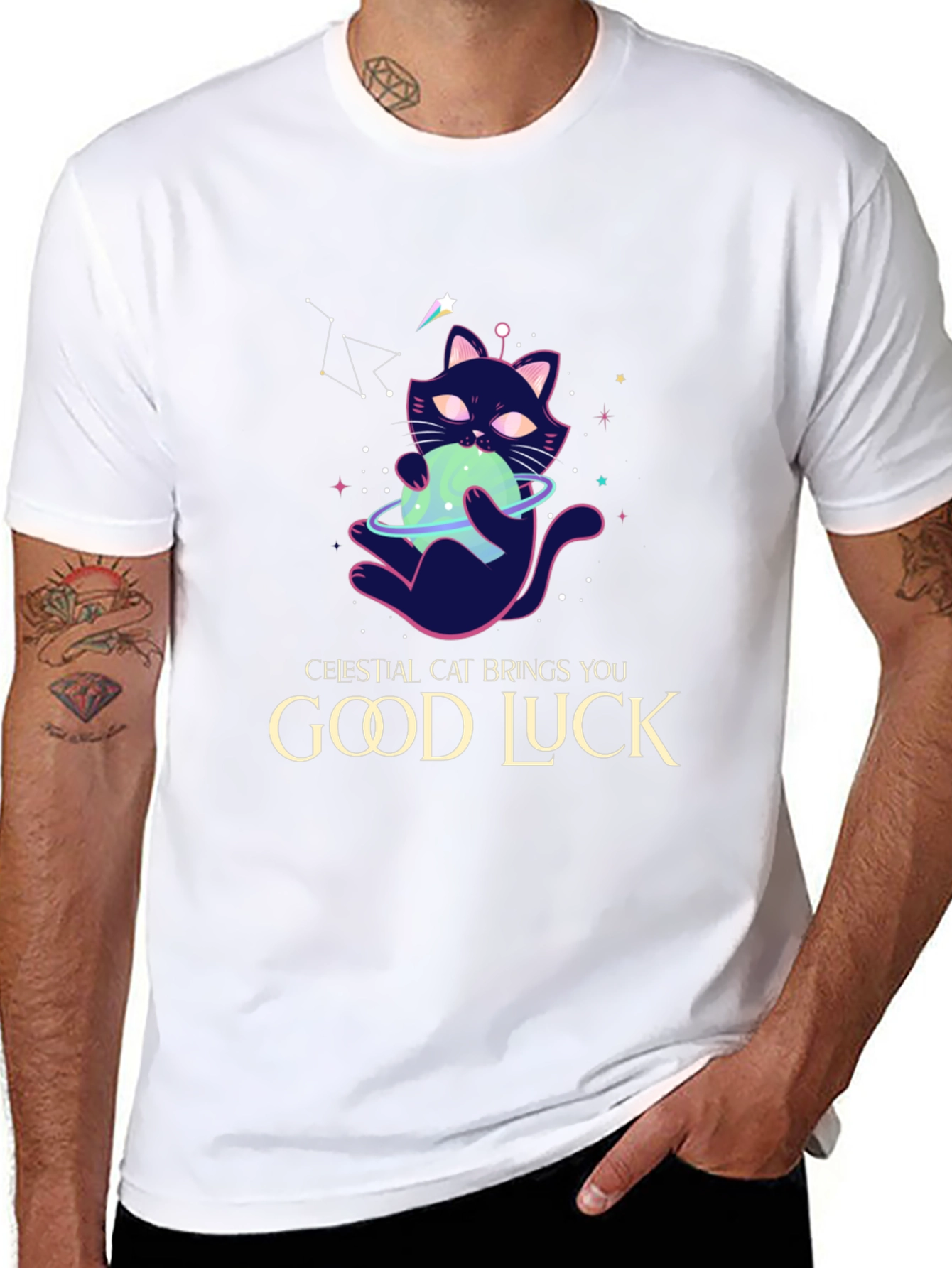 Celestial Cat Good Luck Graphic Tee - Black