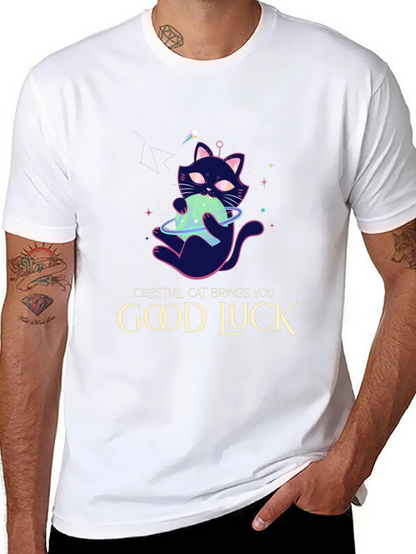 Celestial Cat Good Luck Graphic Tee - Black