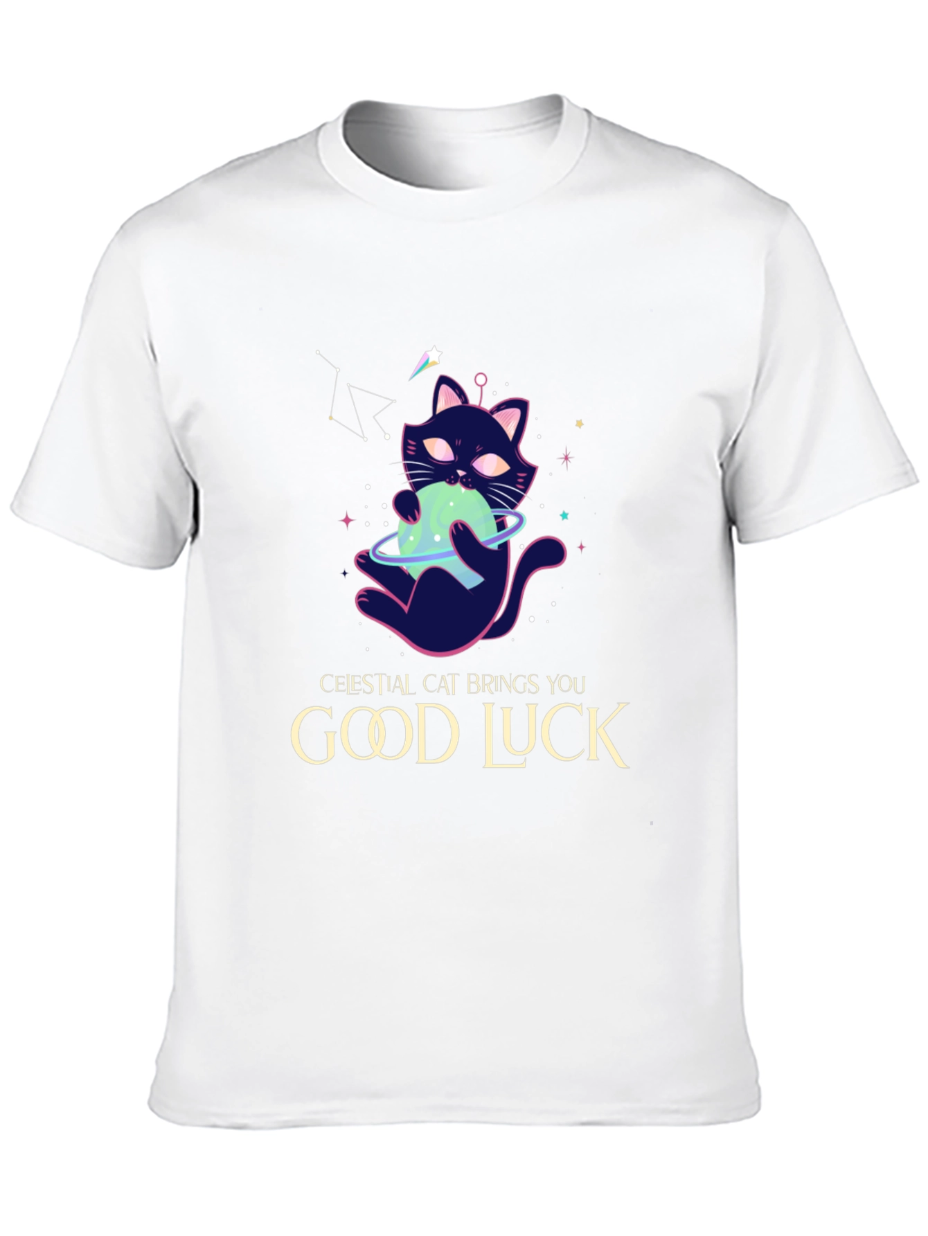 Celestial Cat Good Luck Graphic Tee - Black