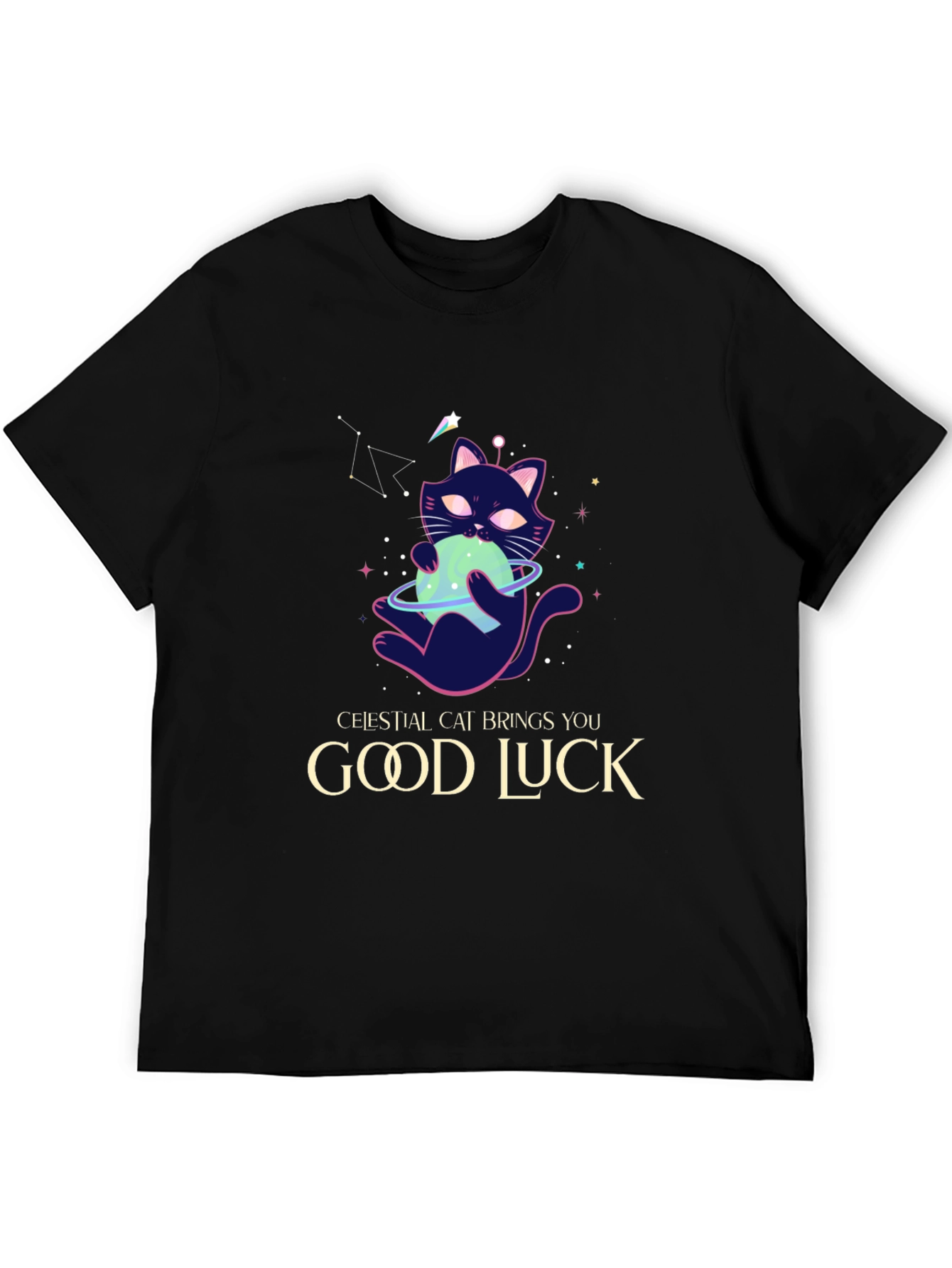 Celestial Cat Good Luck Graphic Tee - Black
