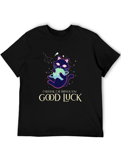 Celestial Cat Good Luck Graphic Tee - Black