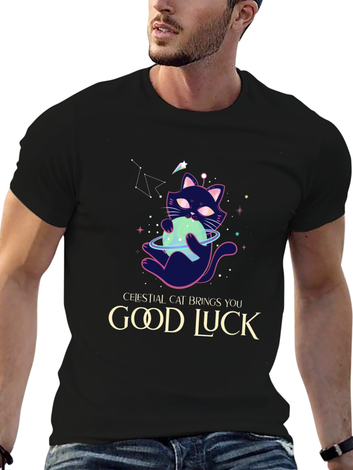 Celestial Cat Good Luck Graphic Tee - Black