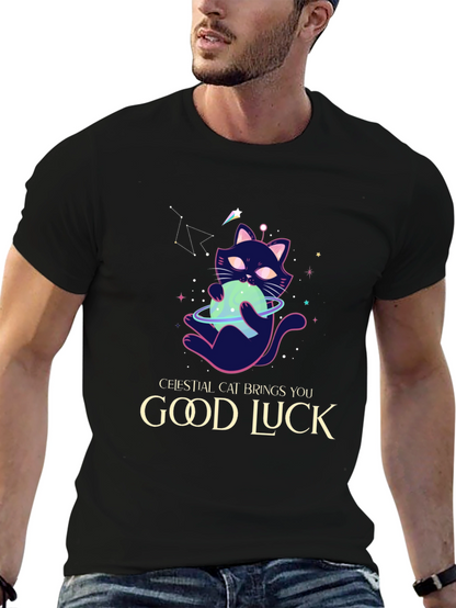 Celestial Cat Good Luck Graphic Tee - Black