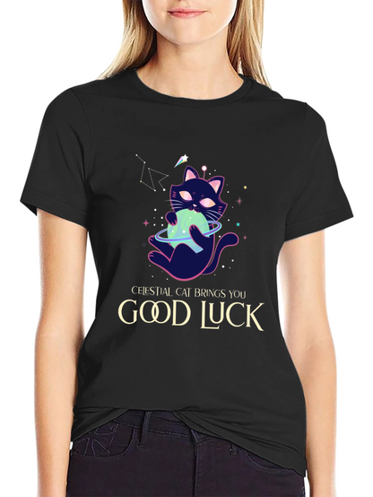 Celestial Cat Good Luck Graphic Tee - Black