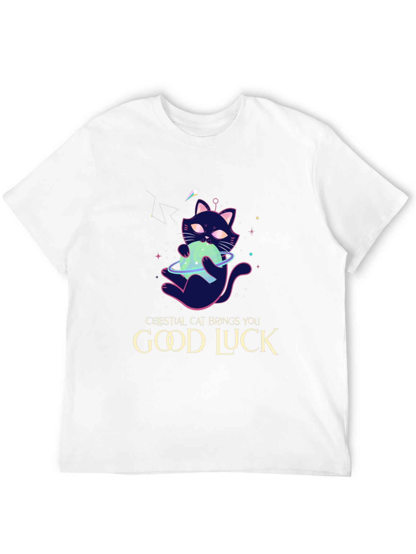 Celestial Cat Good Luck Graphic Tee - Black