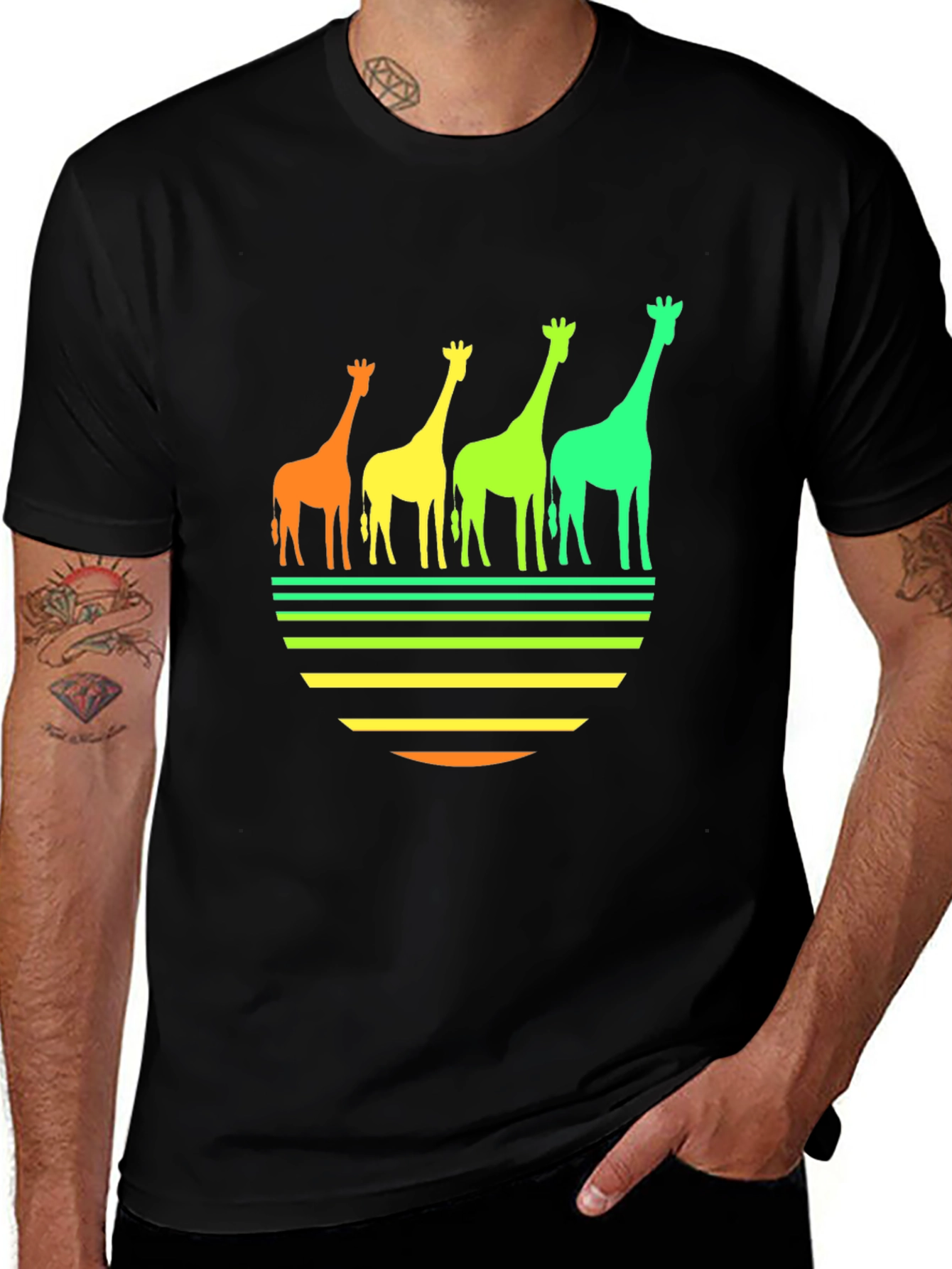 Retro Giraffe Sunset Graphic Tee - Black