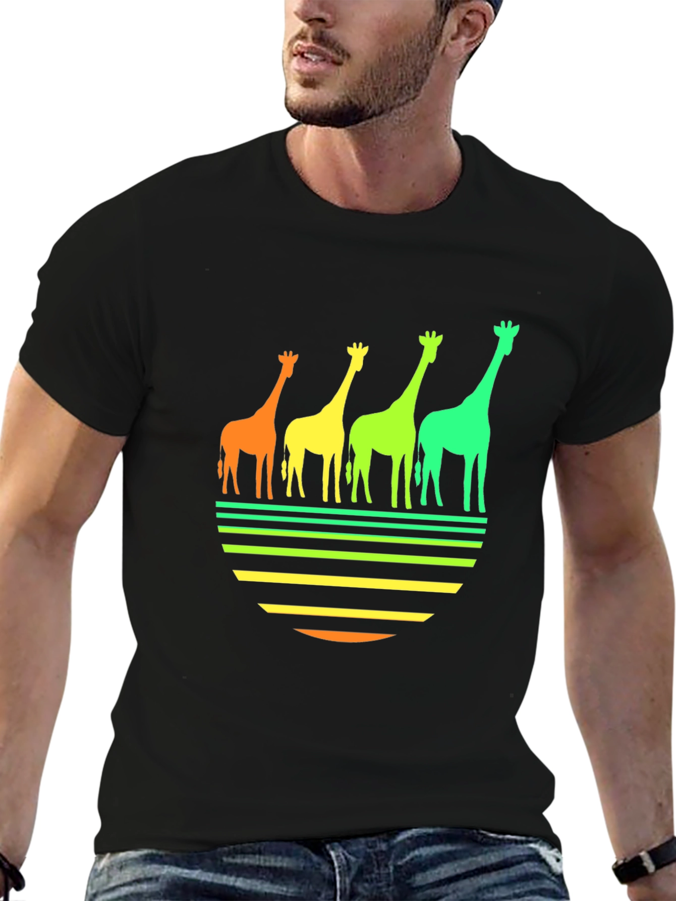 Retro Giraffe Sunset Graphic Tee - Black