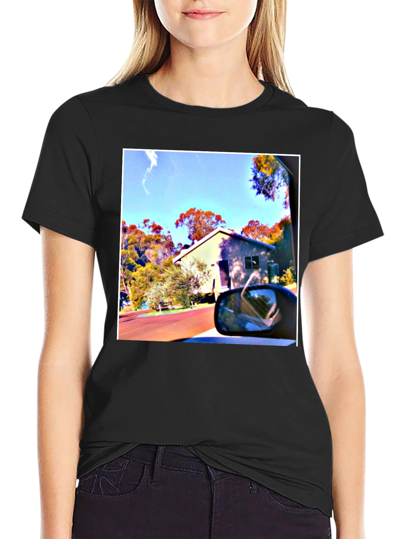 Black T-Shirt with Scenic House Print