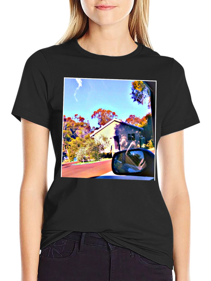 Black T-Shirt with Scenic House Print