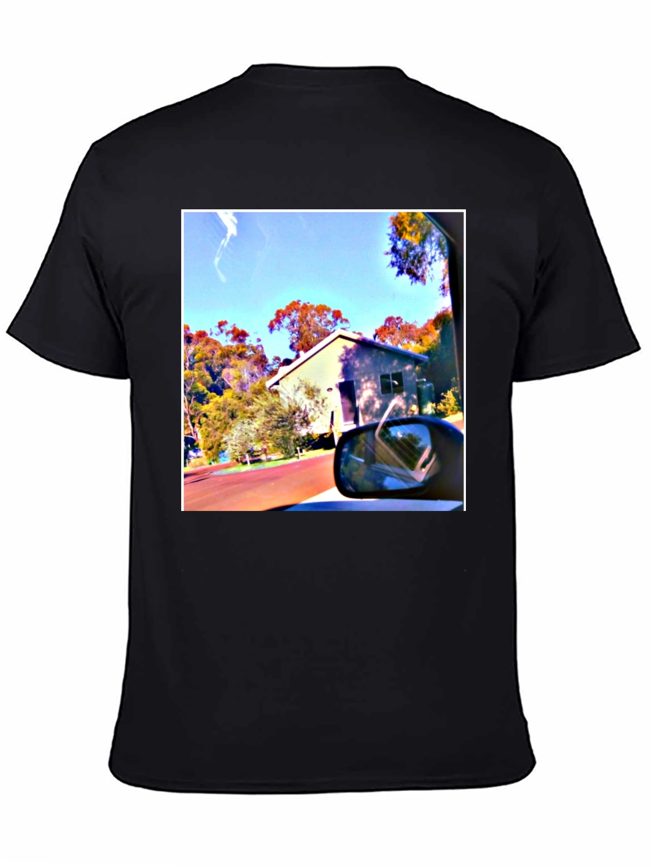 Black T-Shirt with Scenic House Print
