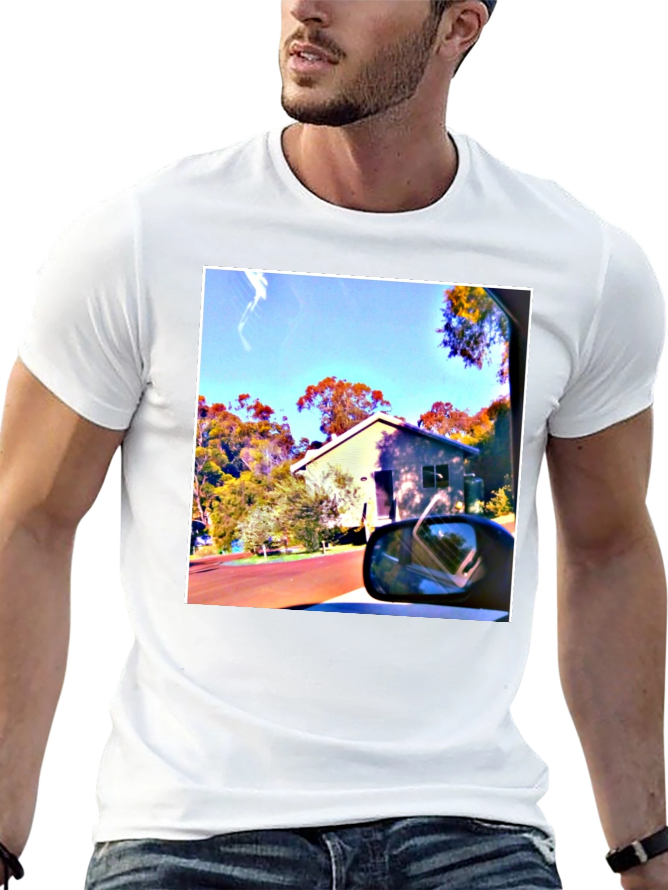 Black T-Shirt with Scenic House Print
