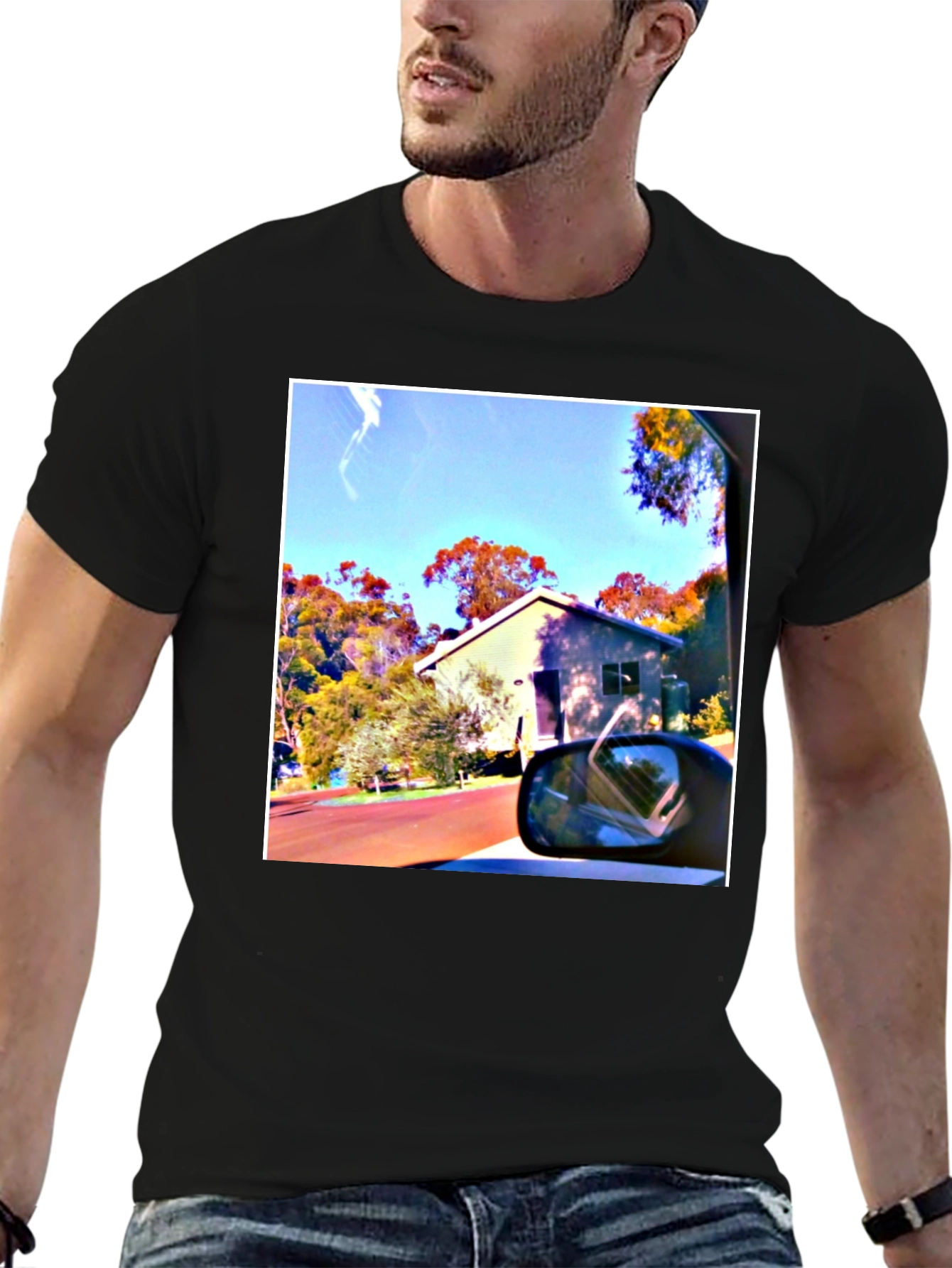 Black T-Shirt with Scenic House Print
