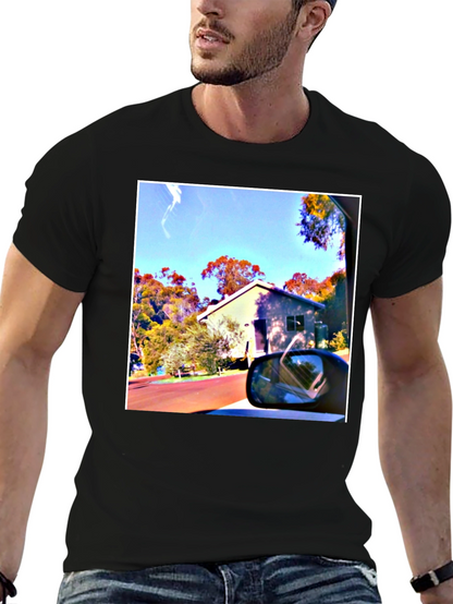 Black T-Shirt with Scenic House Print
