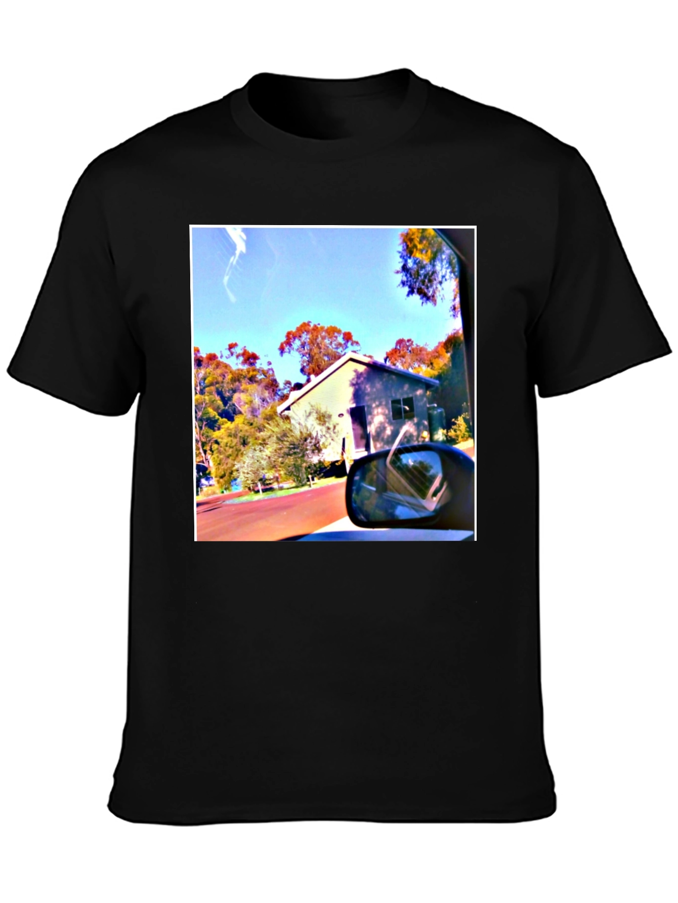 Black T-Shirt with Scenic House Print