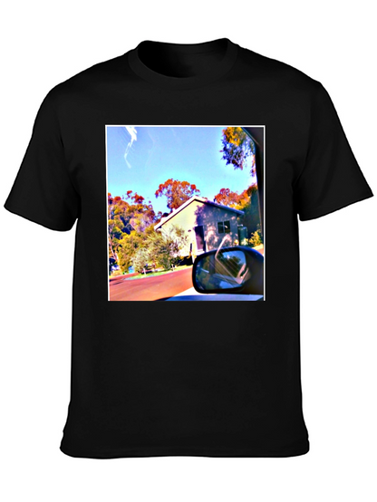 Black T-Shirt with Scenic House Print