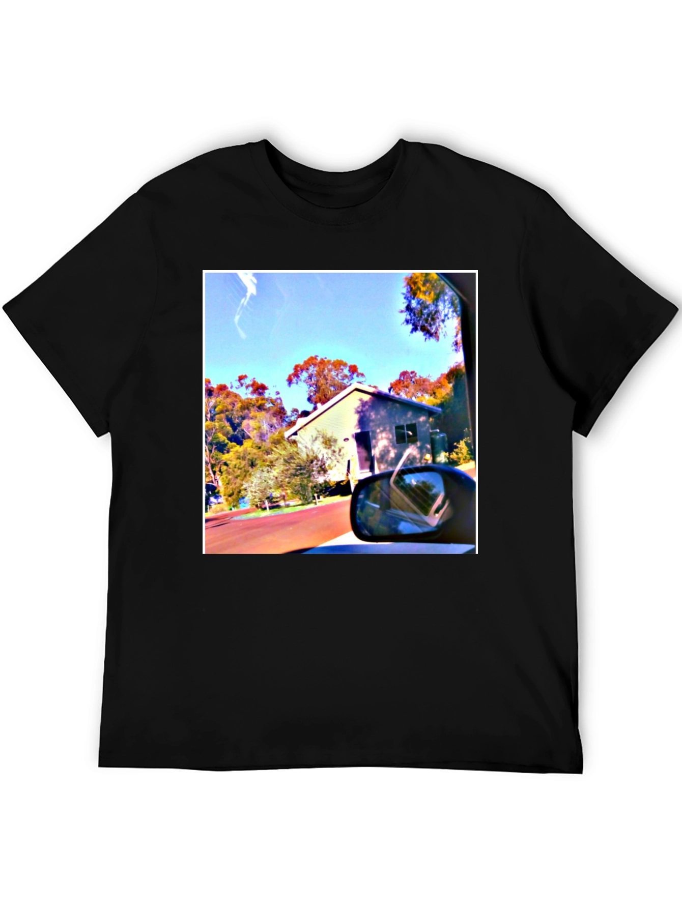 Black T-Shirt with Scenic House Print