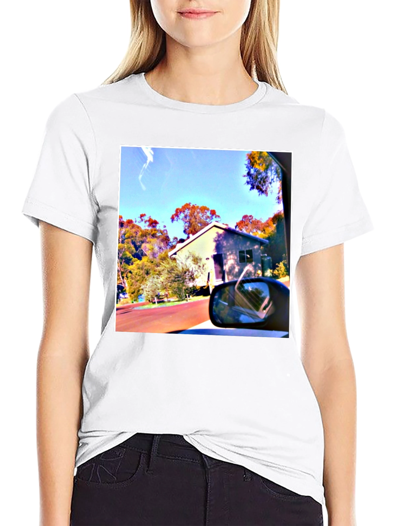 Black T-Shirt with Scenic House Print