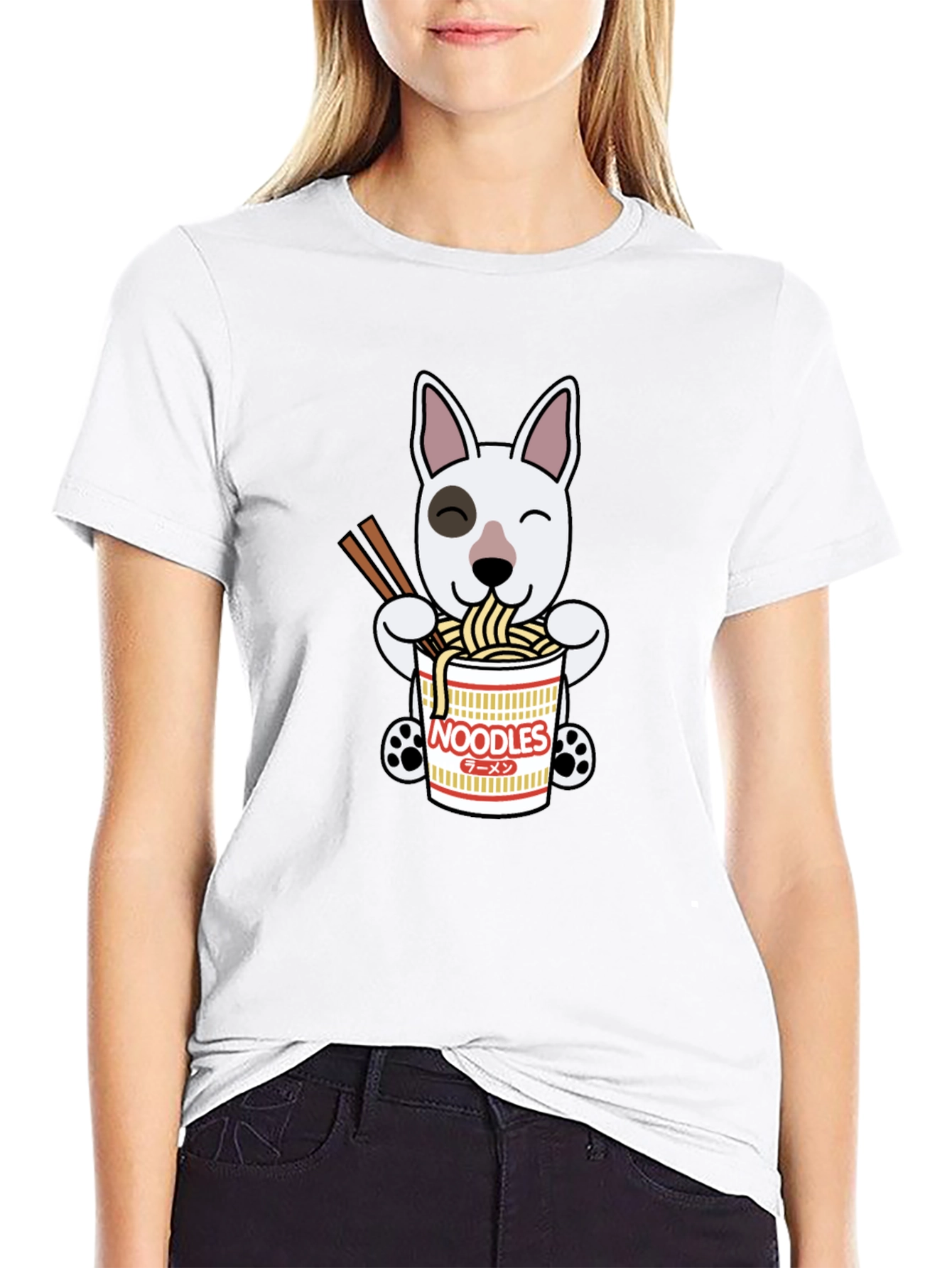 Cute Dog Eating Noodles Graphic T-Shirt