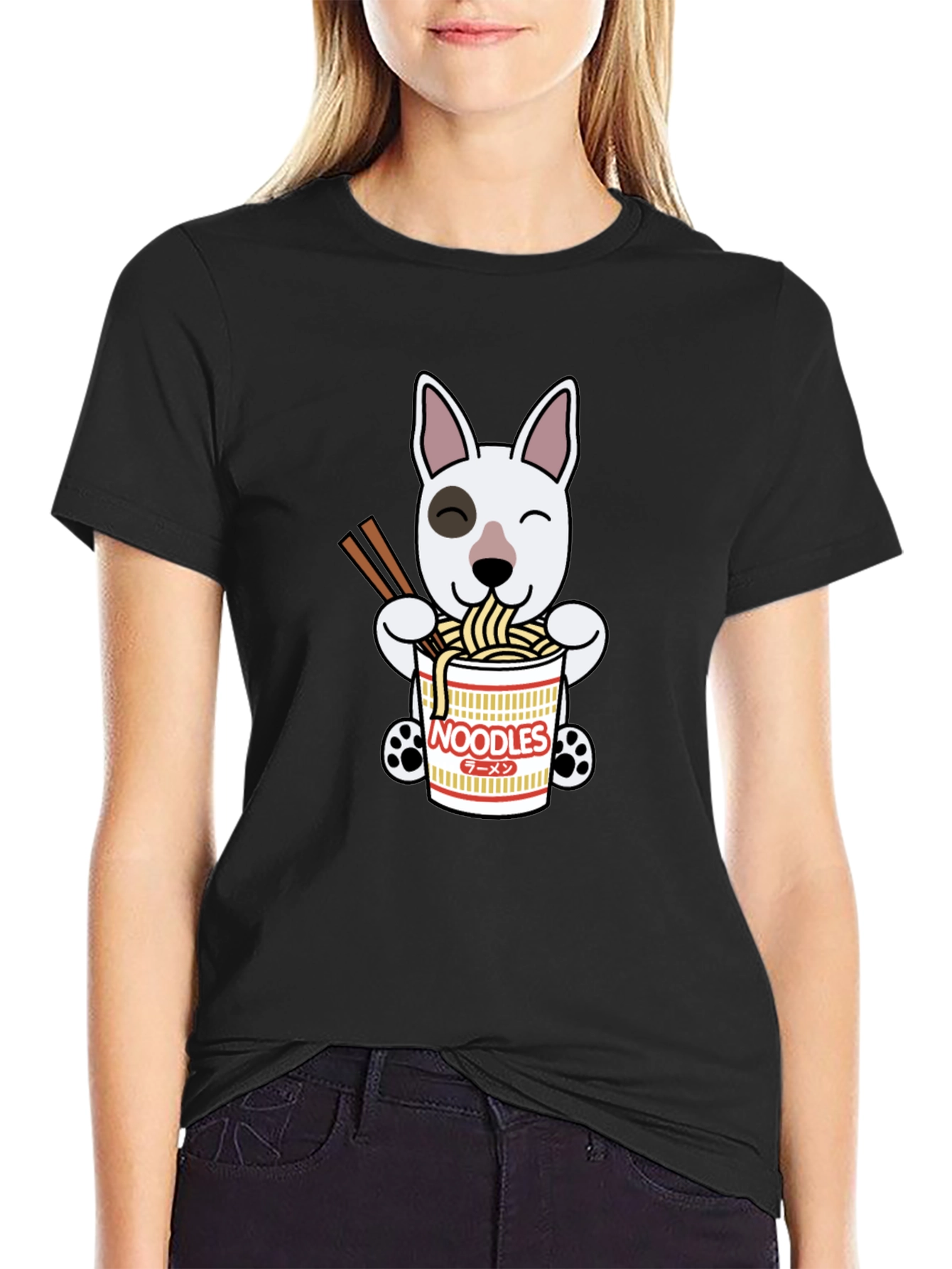 Cute Dog Eating Noodles Graphic T-Shirt