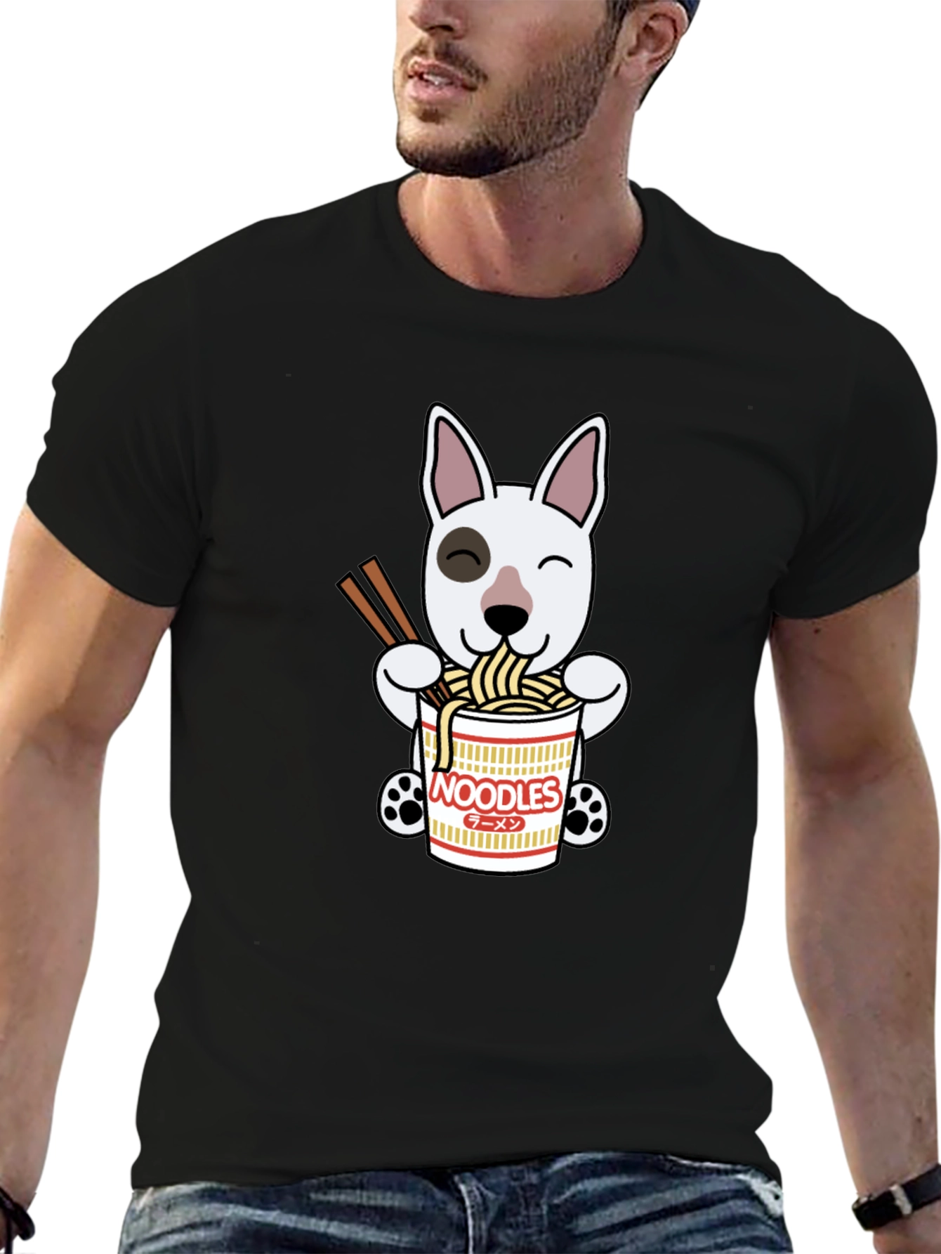 Cute Dog Eating Noodles Graphic T-Shirt