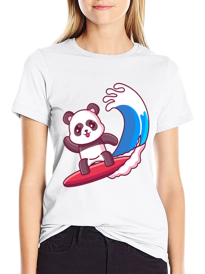 Surfing Panda Graphic Tee - Black Cotton Shirt