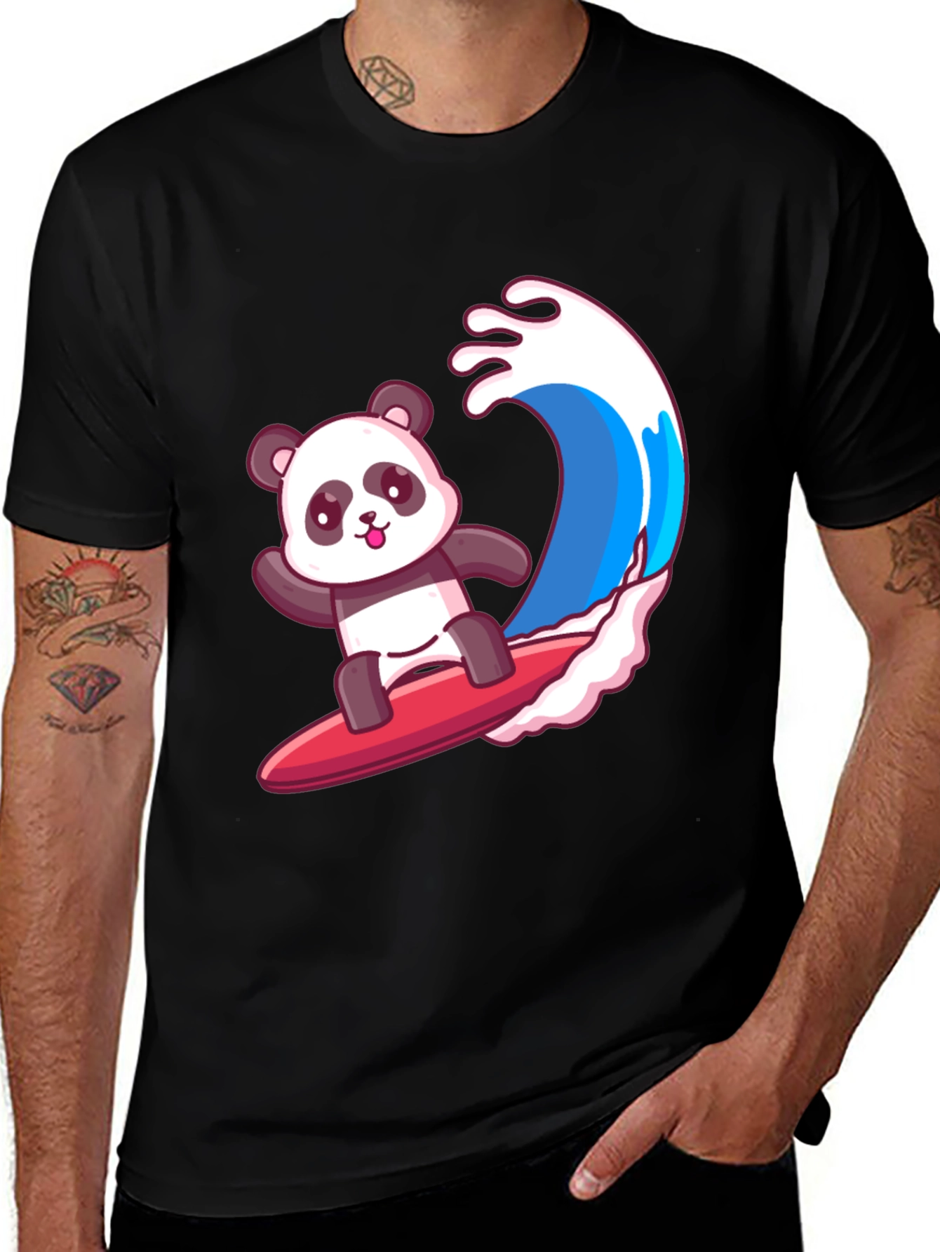 Surfing Panda Graphic Tee - Black Cotton Shirt