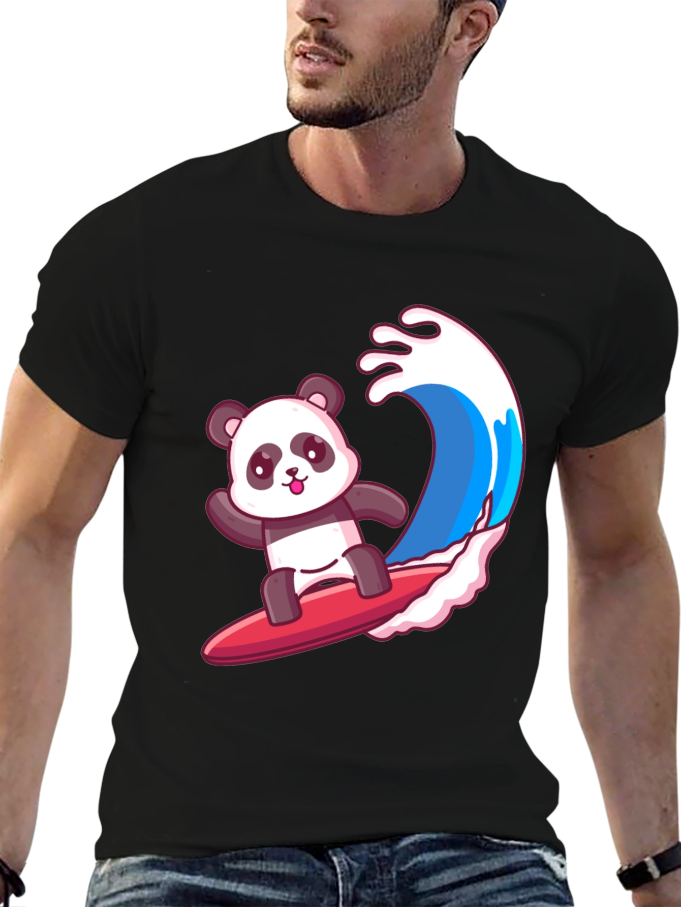 Surfing Panda Graphic Tee - Black Cotton Shirt