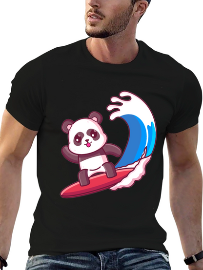 Surfing Panda Graphic Tee - Black Cotton Shirt