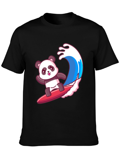 Surfing Panda Graphic Tee - Black Cotton Shirt
