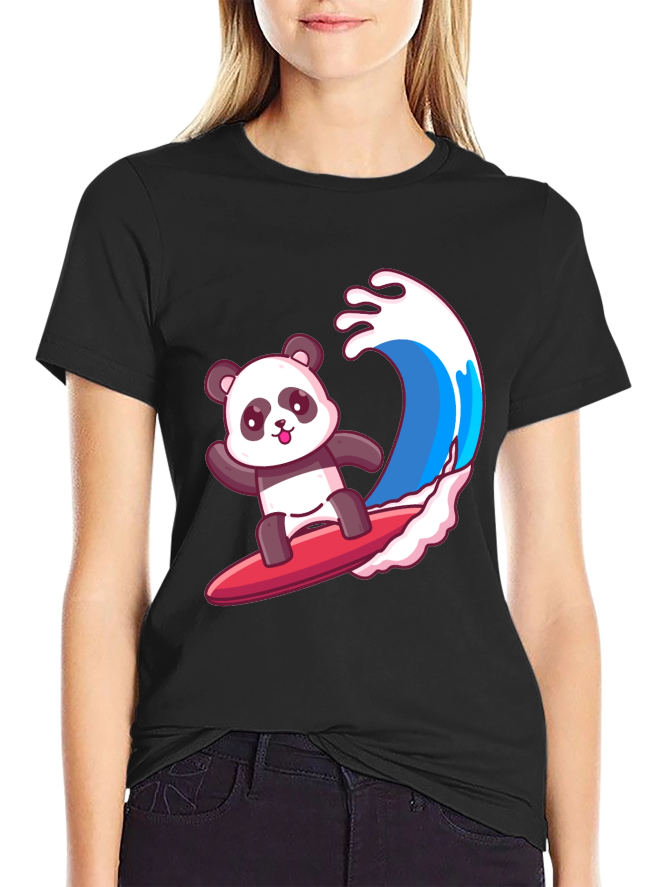 Surfing Panda Graphic Tee - Black Cotton Shirt