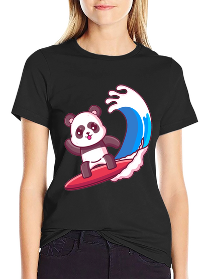 Surfing Panda Graphic Tee - Black Cotton Shirt