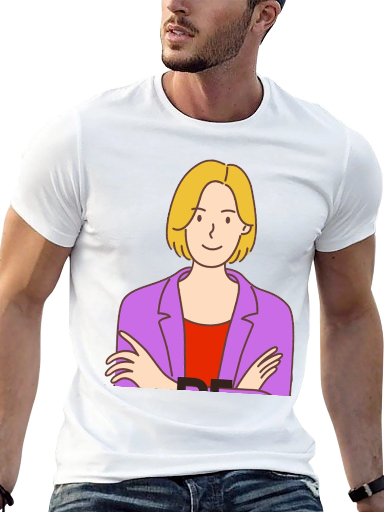 Cartoon Woman Graphic Tee - Black Cotton T-Shirt