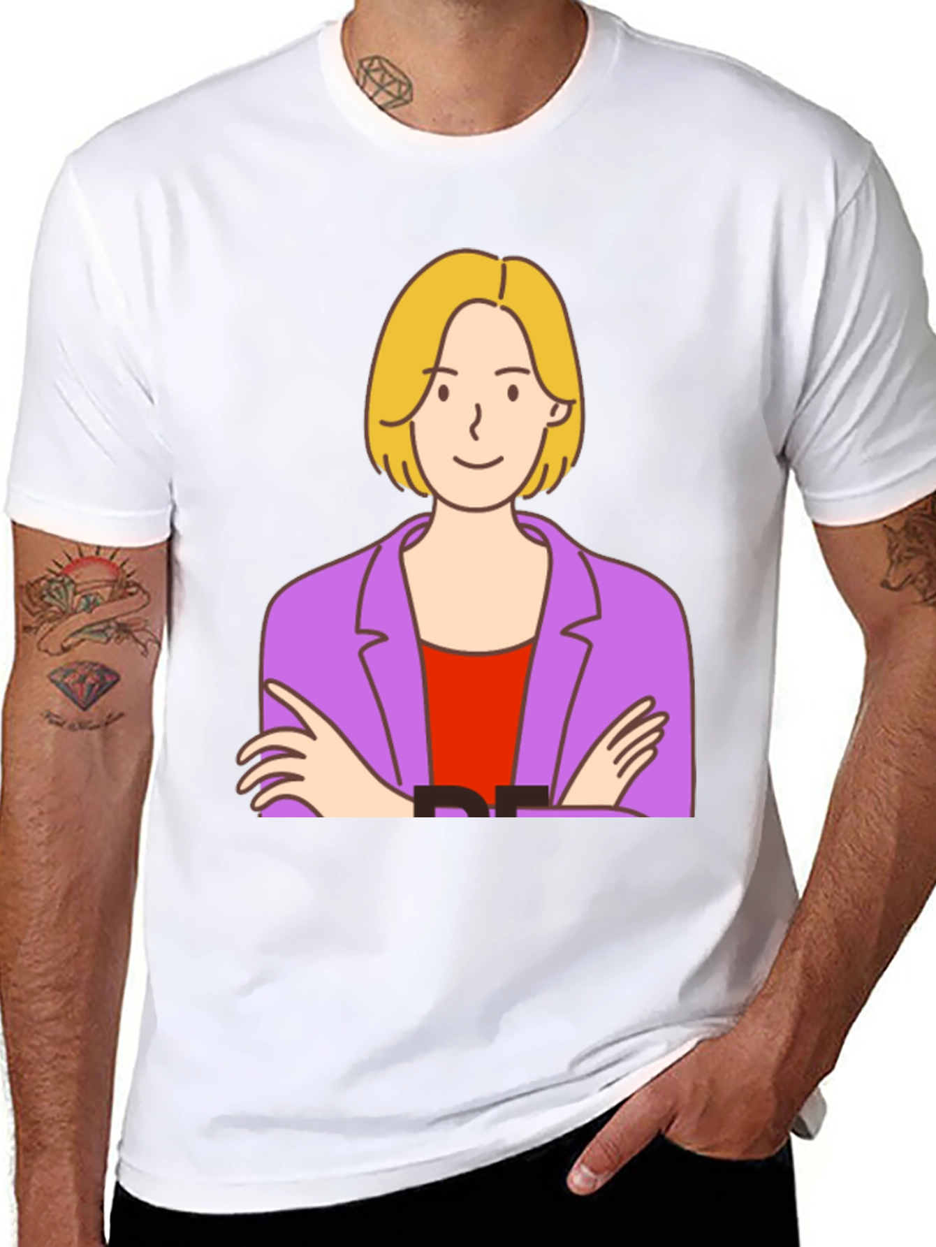 Cartoon Woman Graphic Tee - Black Cotton T-Shirt