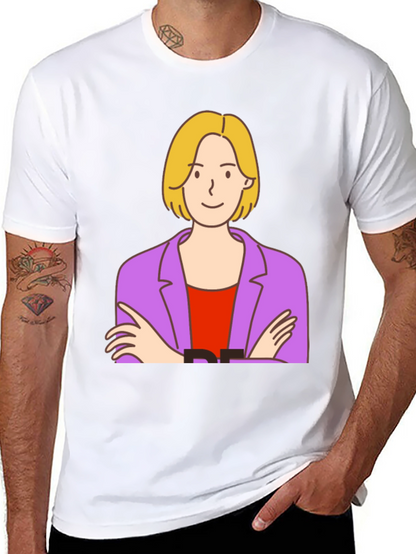 Cartoon Woman Graphic Tee - Black Cotton T-Shirt